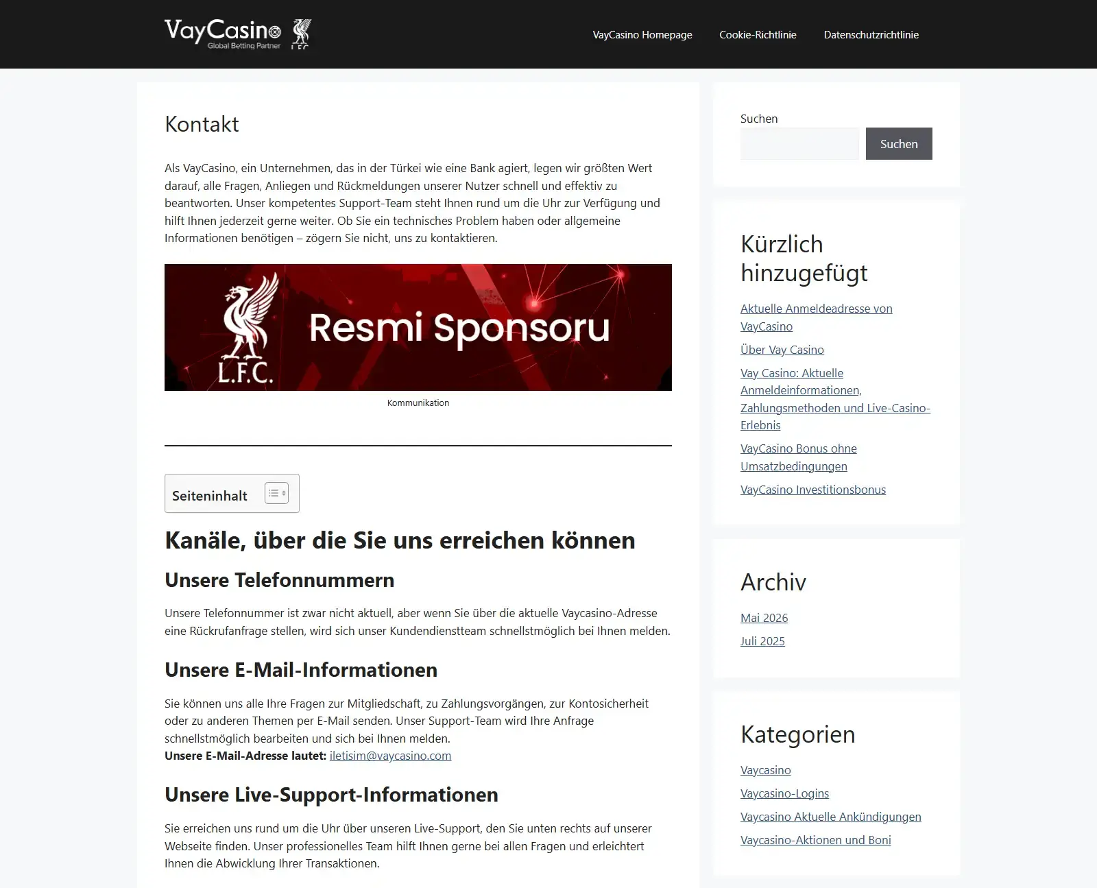 Kontaktinformationen zur Kundenbetreuung im Informationsbereich von VayCasino
